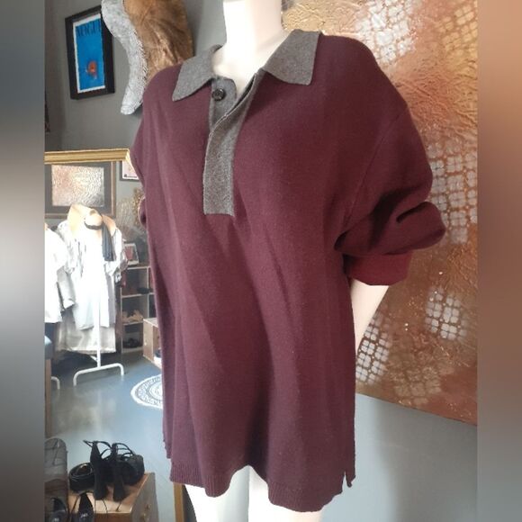 Zara Wool Blend Burgundy Polo Style Sweater with Gray Collar - Picture 12 of 14
